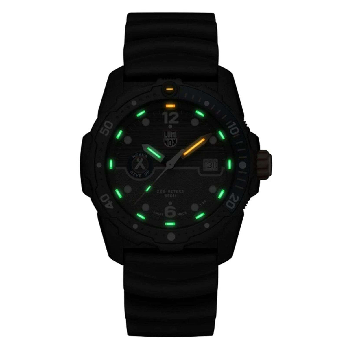 Front view black dial quartz men's watch with glowing green lume on black rubber strap