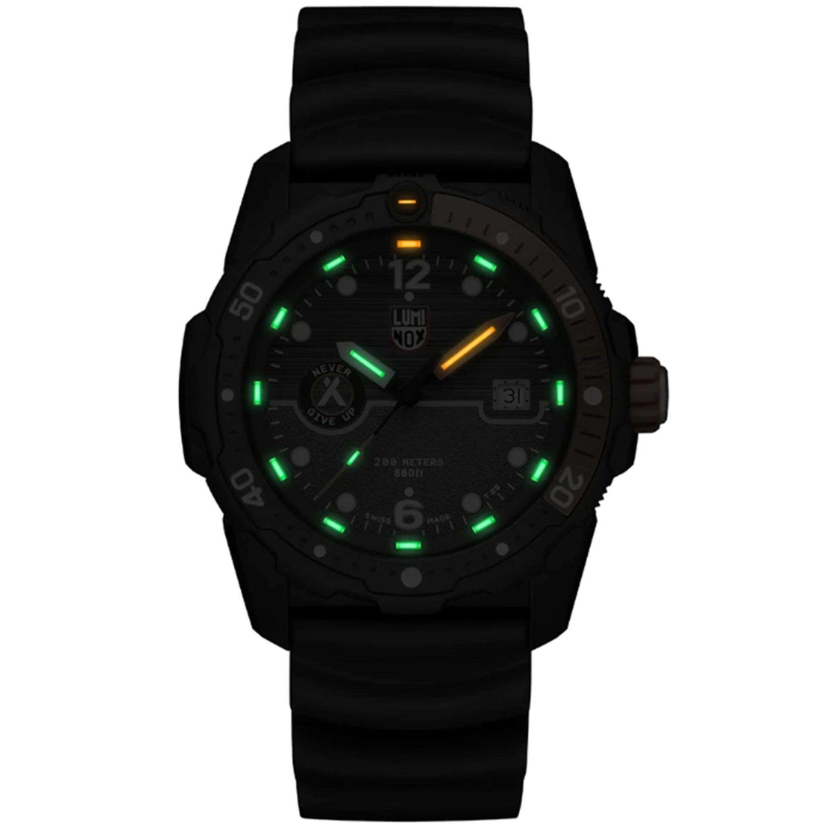 Black men’s sports watch with green luminous bezel marks and glowing dial hands