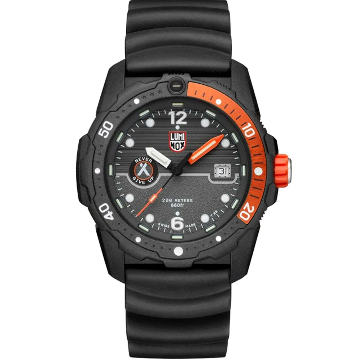 Black rubber men’s dive watch with black dial, orange bezel ring, and orange crown.