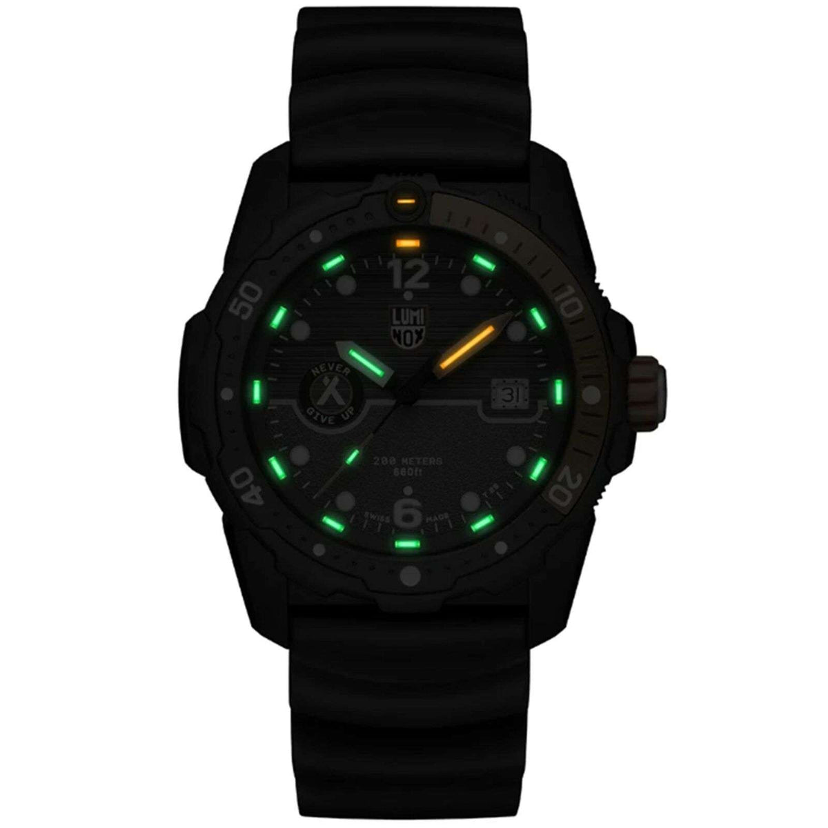 Black rubber men’s dive watch showing luminous green indices and gold-toned hour hand.