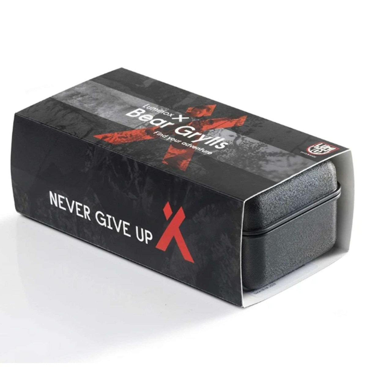 Bear Grylls survival watch gift box, black with orange accents and “Never Give Up” text