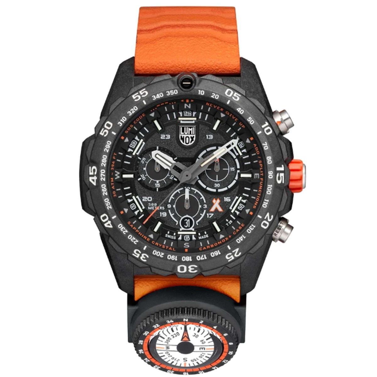 Front view of the Luminox Bear Grylls XB.3749 tactical watch featuring a black chronograph dial, orange rubber strap, and strap-mounted compass