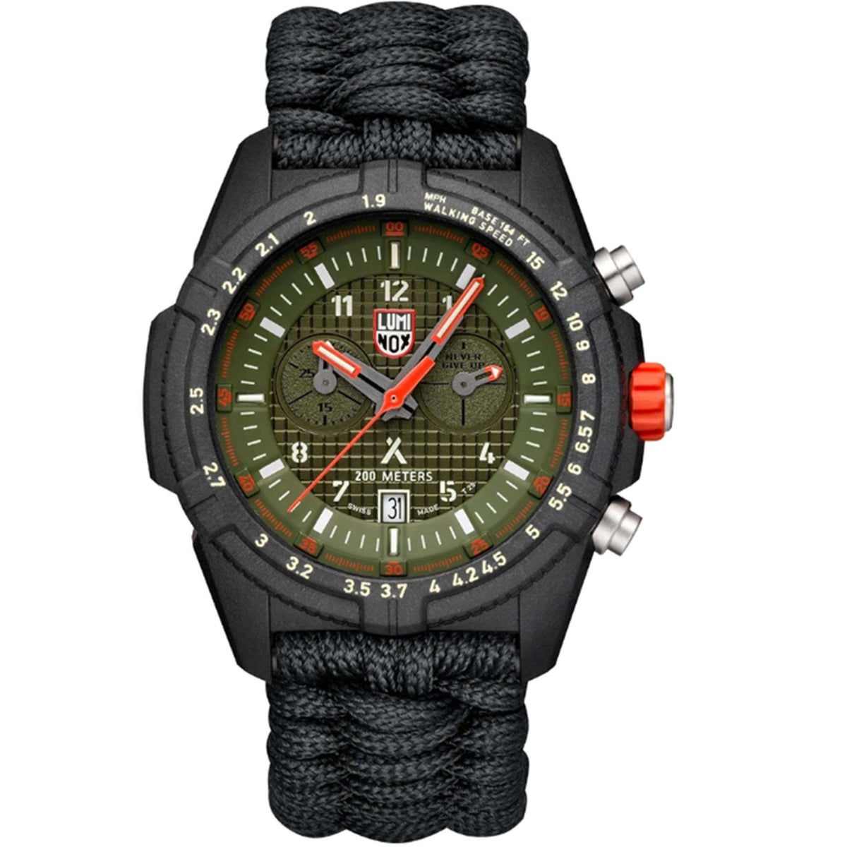 Men's survival quartz watch with green dial, black case, and braided black textile strap