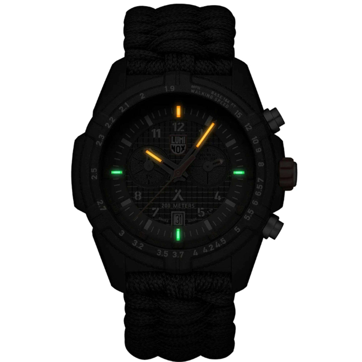 Men's survival watch with dark dial, orange hands, green glow markers, black braided strap