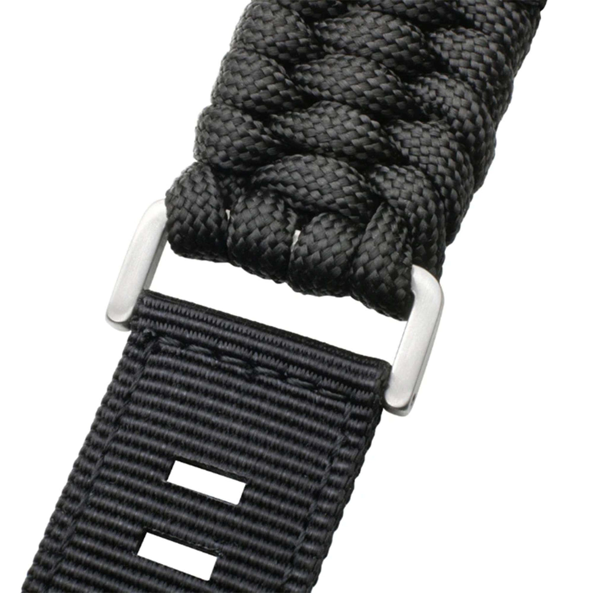 Black braided textile watch strap with silver pin-and-buckle clasp