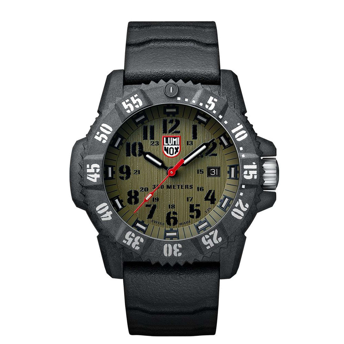 Men's quartz wristwatch with green dial, black rubber strap, carbon-look case, red seconds hand