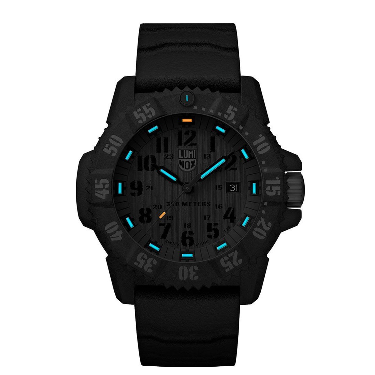 Men's quartz wristwatch with green dial, black rubber strap, carbon-look case, blue luminous markers