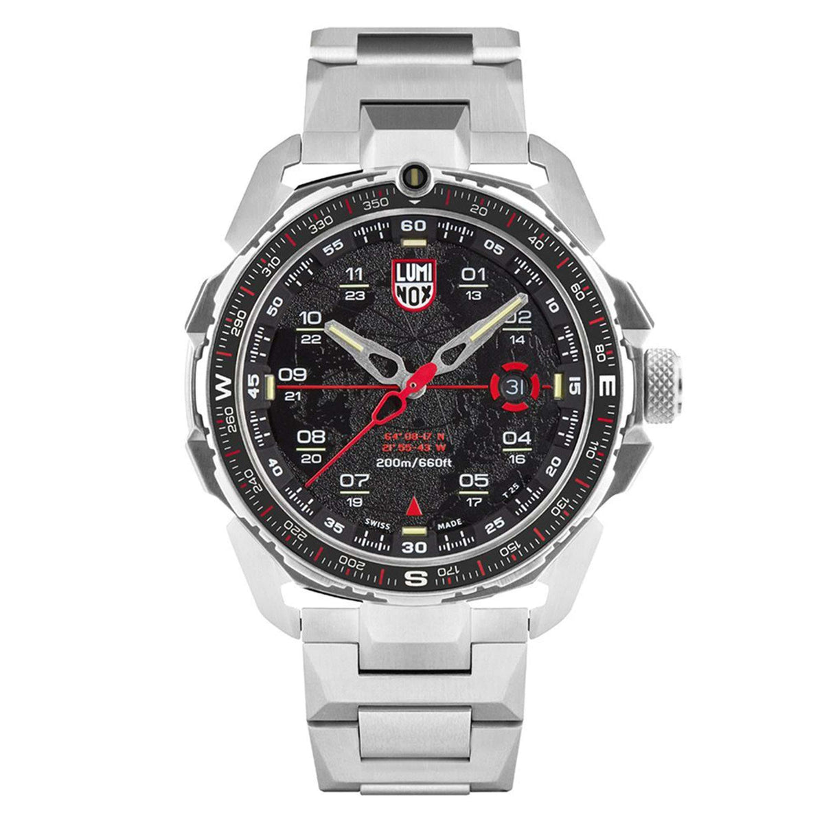 Men's stainless steel quartz watch with black dial, red accents and silver bracelet