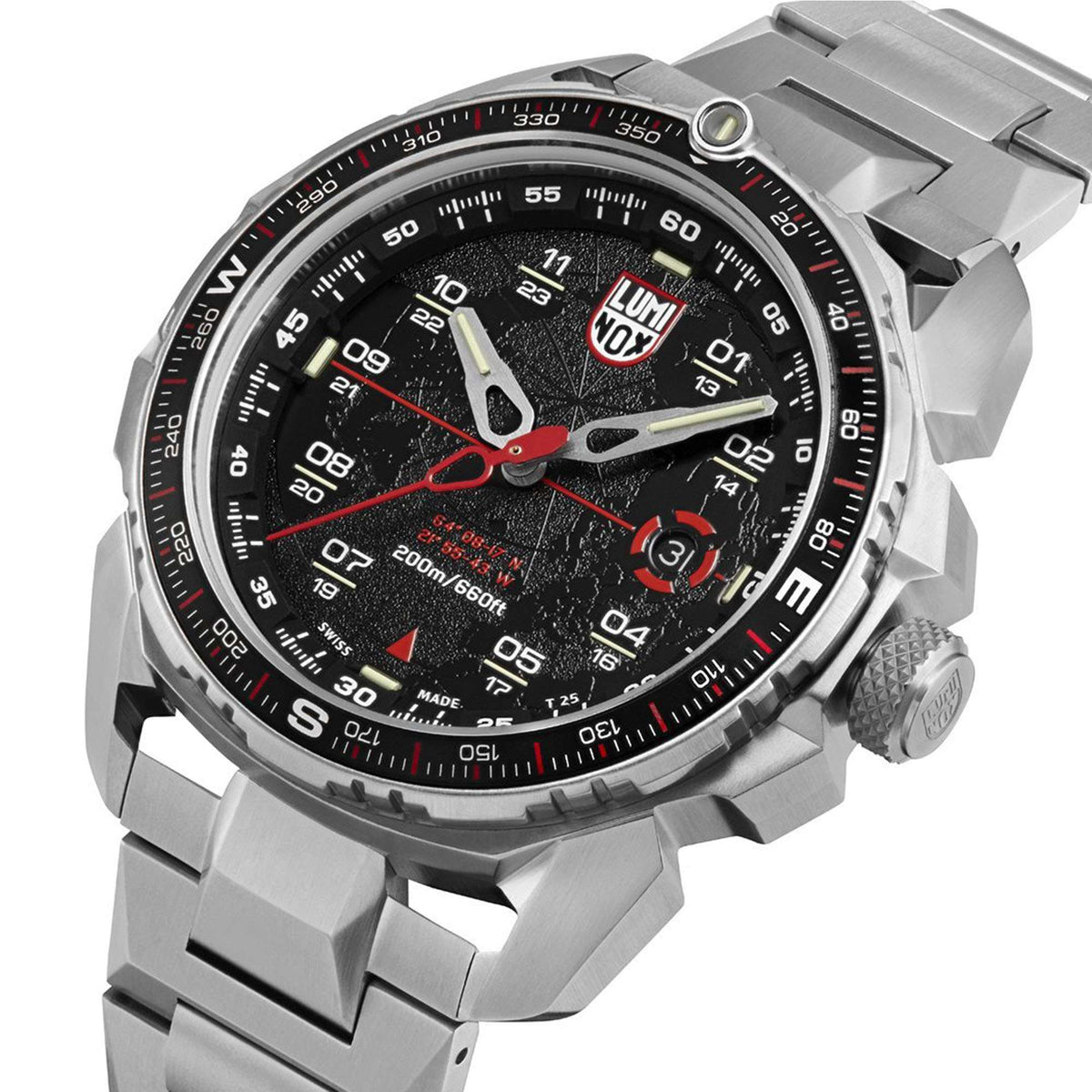 Stainless steel men's diver-style watch with black dial, red hands and bezel markings