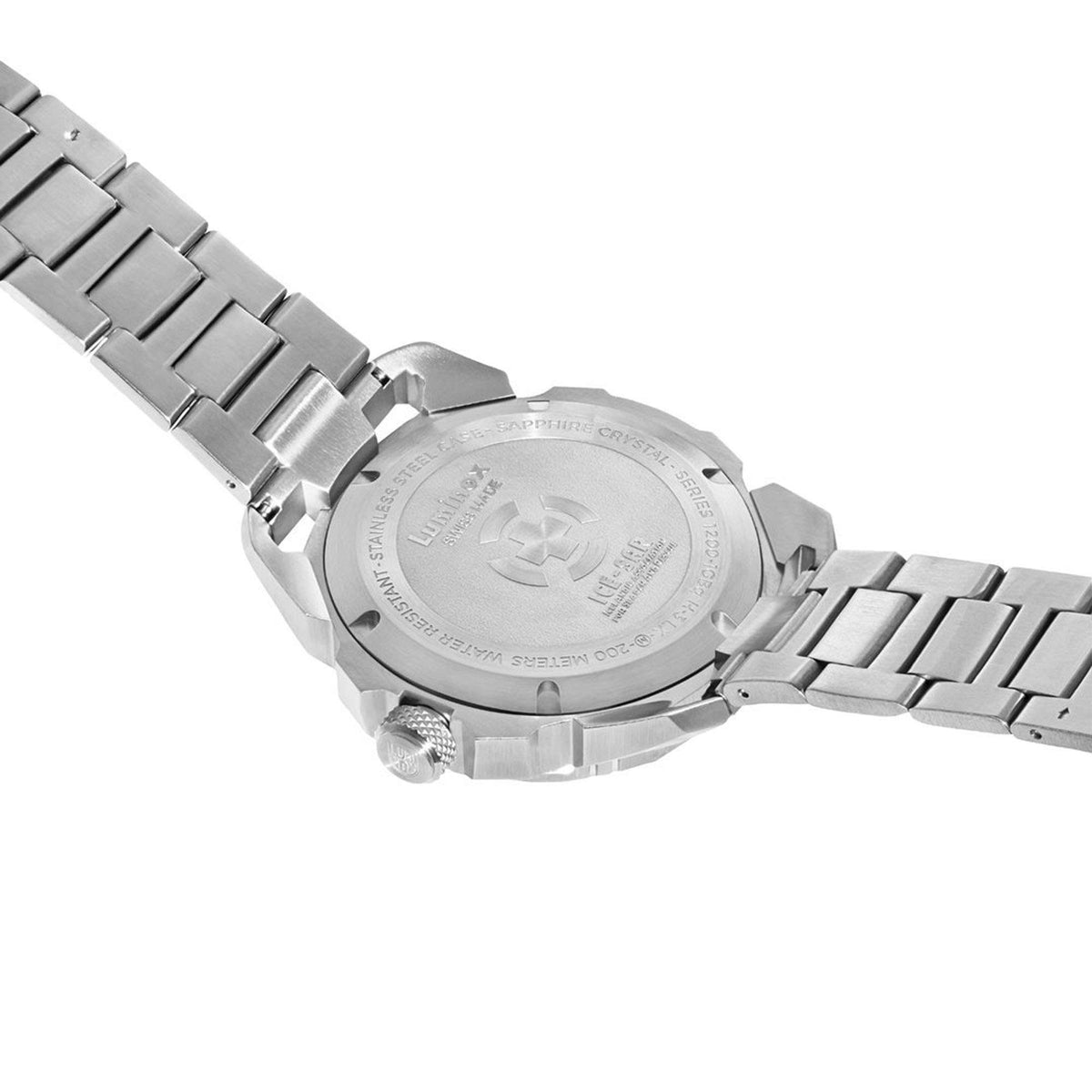 Stainless steel watch case back with engraved markings and link bracelet