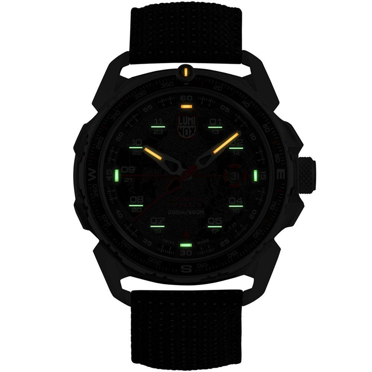 Men's sport quartz watch with black dial and green luminous markers, black textile strap