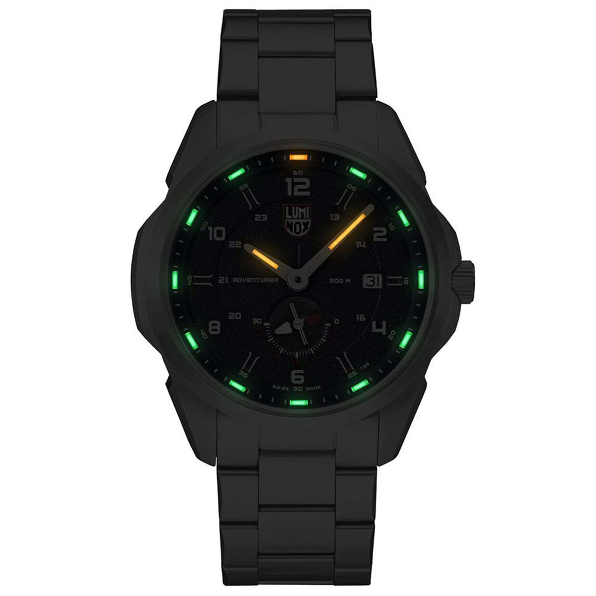 Men's automatic field watch in black, dark dial with green glow lume, metal case