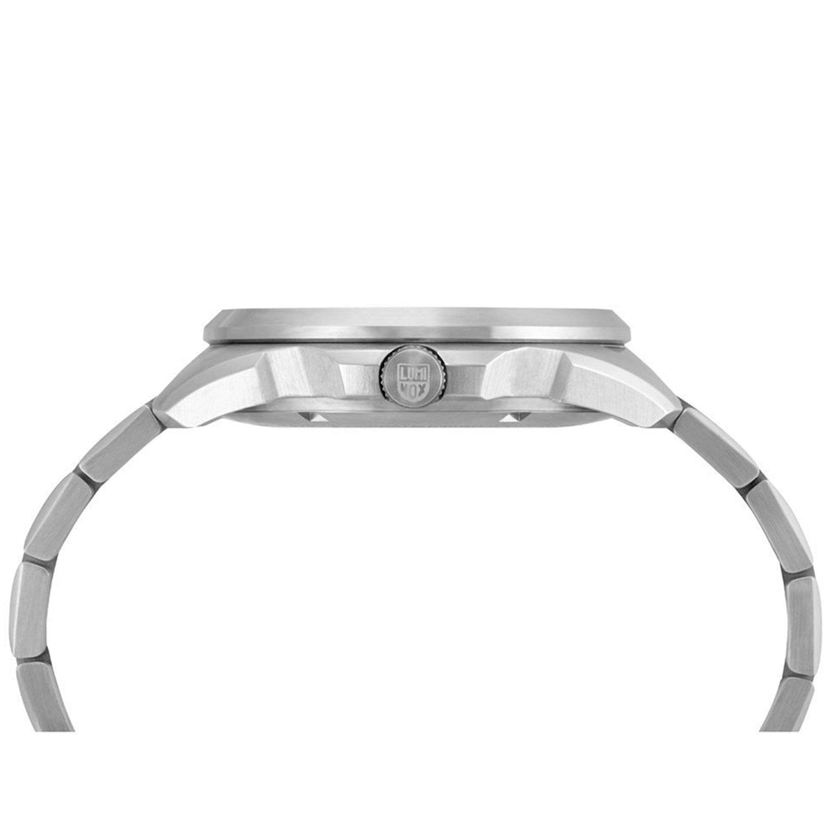 Stainless steel watch case top with crown, brushed bezel, close-up