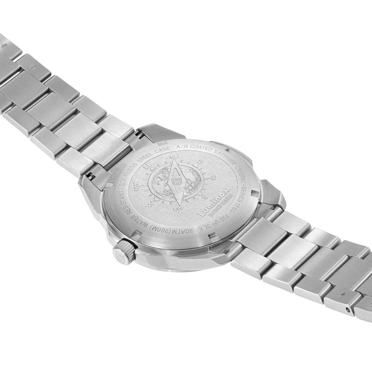 Stainless steel watch case back with engraved emblem, link bracelet, close-up