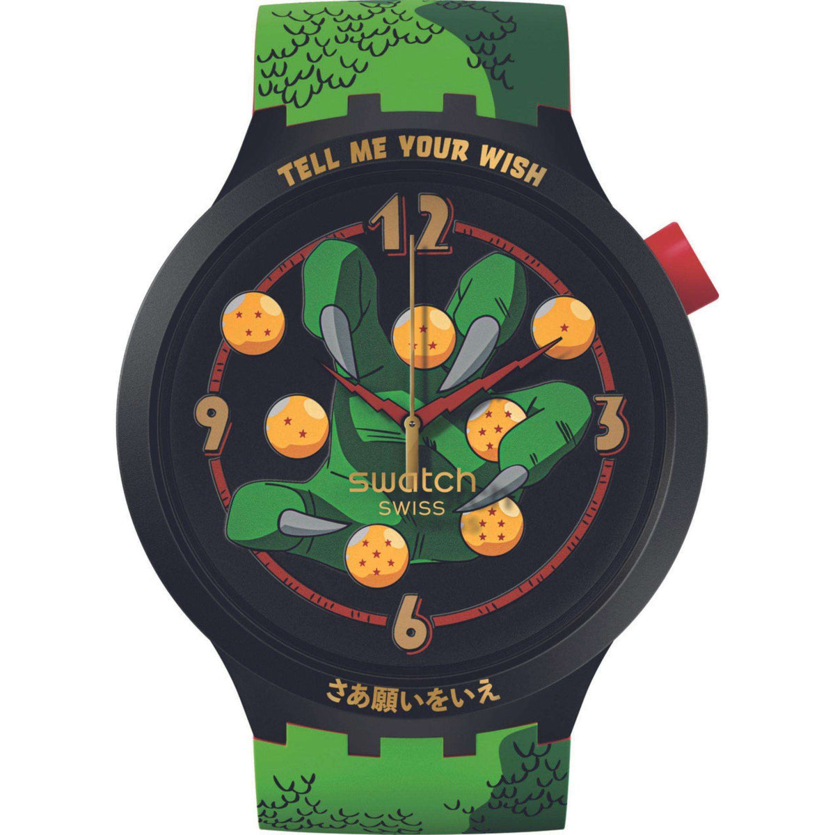 Unisex round watch with black case, green strap, and Shenron character dial graphic