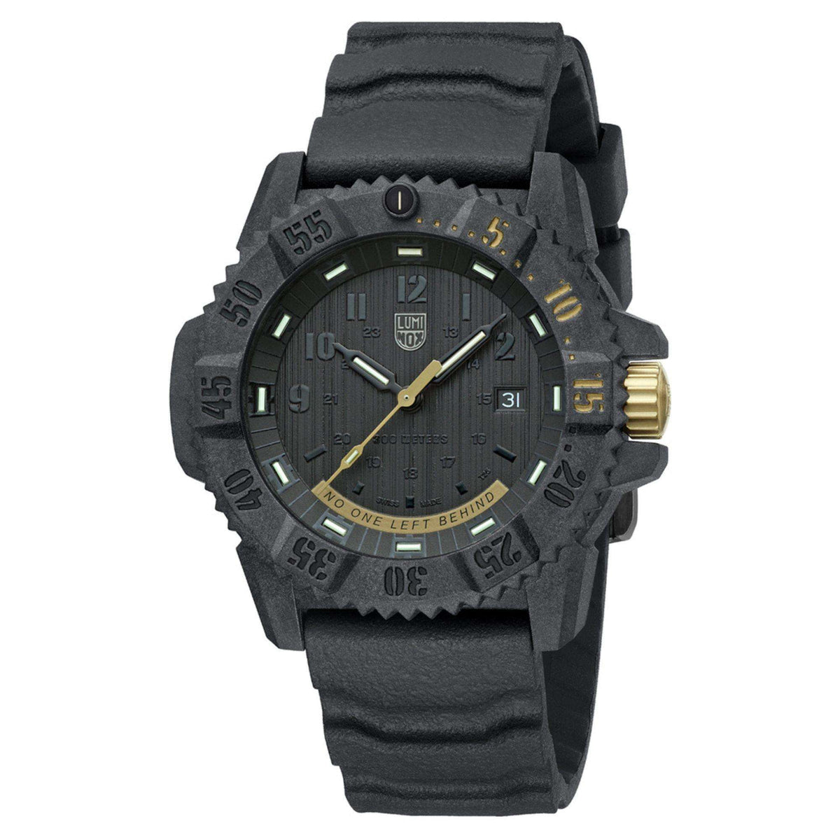 Men's Luminox Master Carbon Seal watch with dark dial, gold accents, grey rubber strap