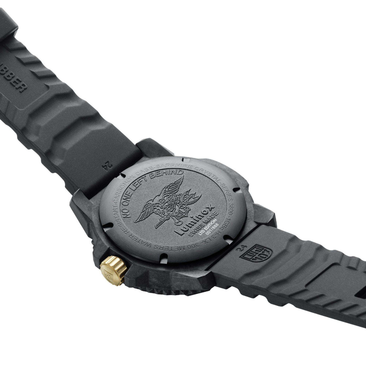 Luminox watch caseback with engraved dragon graphic and gold crown on grey rubber strap