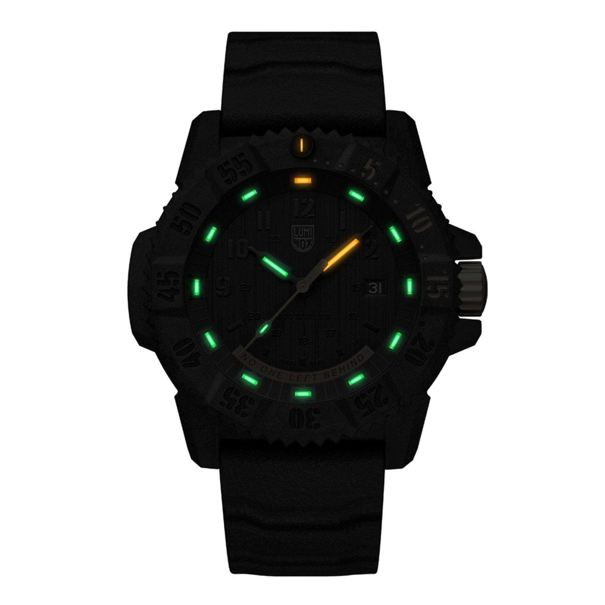 Men's Luminox Master Carbon Seal watch with glowing green markers and grey rubber strap