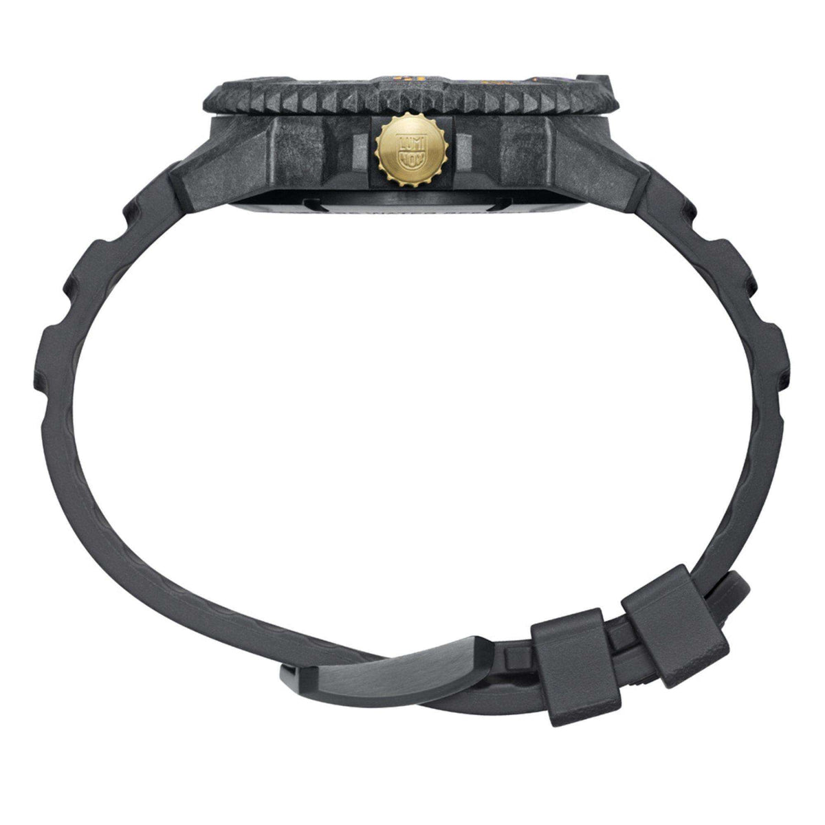 Men's black rubber watch strap and caseback view with gold emblem