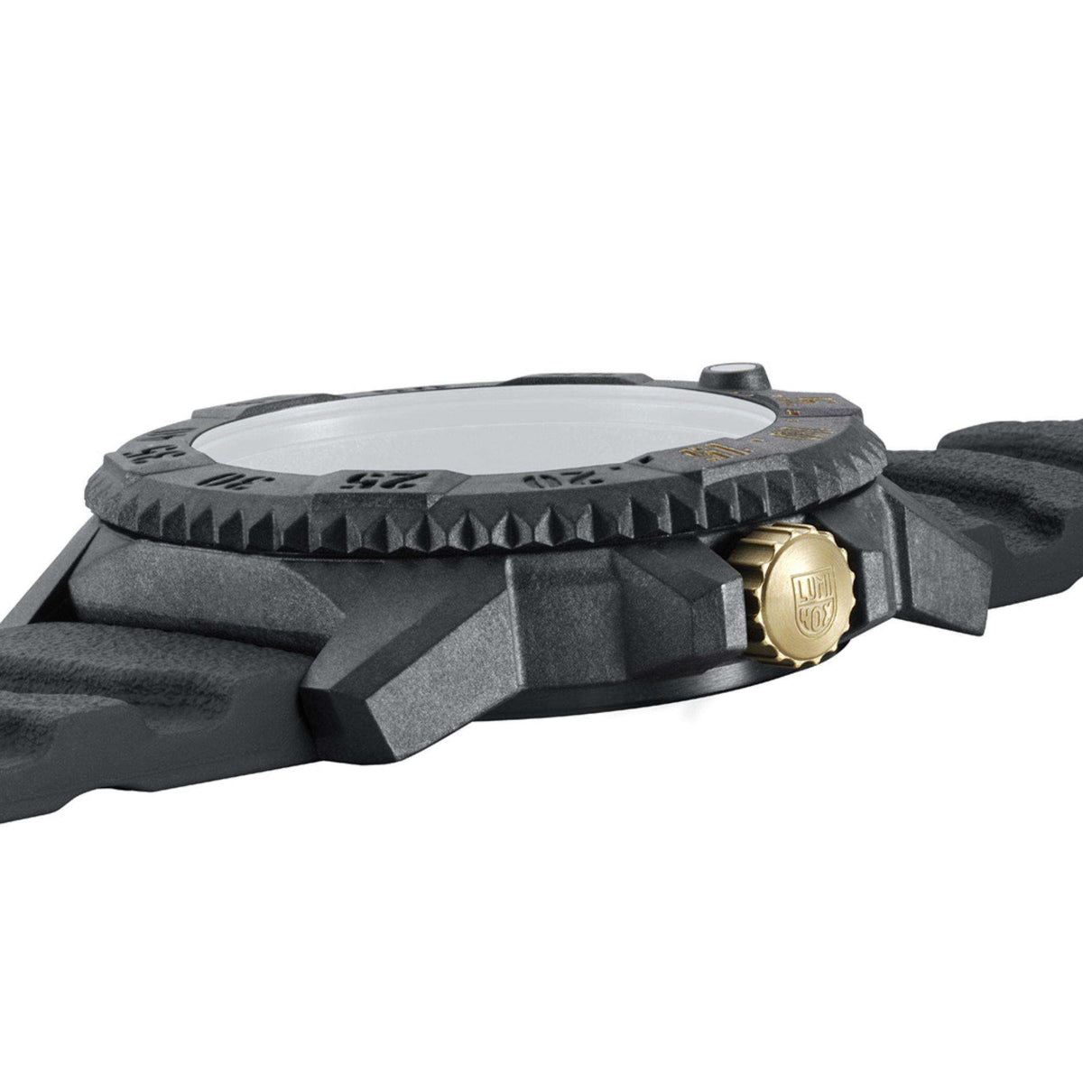 Men's black watch case with textured bezel and gold crown, profile view