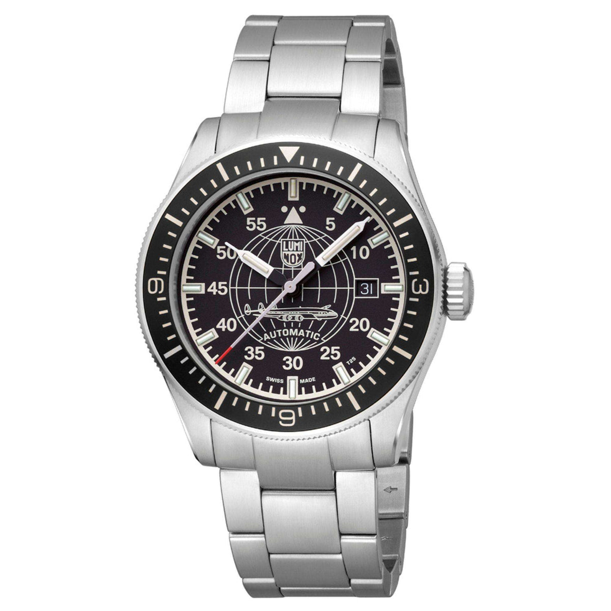 Luminox Constellation 9600 Series XA.9601.M mens automatic watch angled view showing black dial and stainless steel bracelet