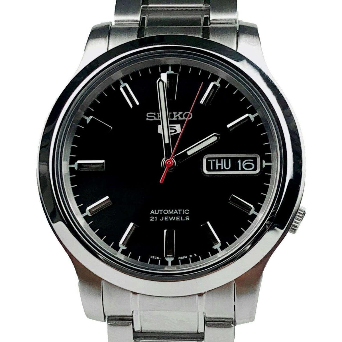 Men's automatic watch with black dial, red seconds hand, and THU 16 date window.