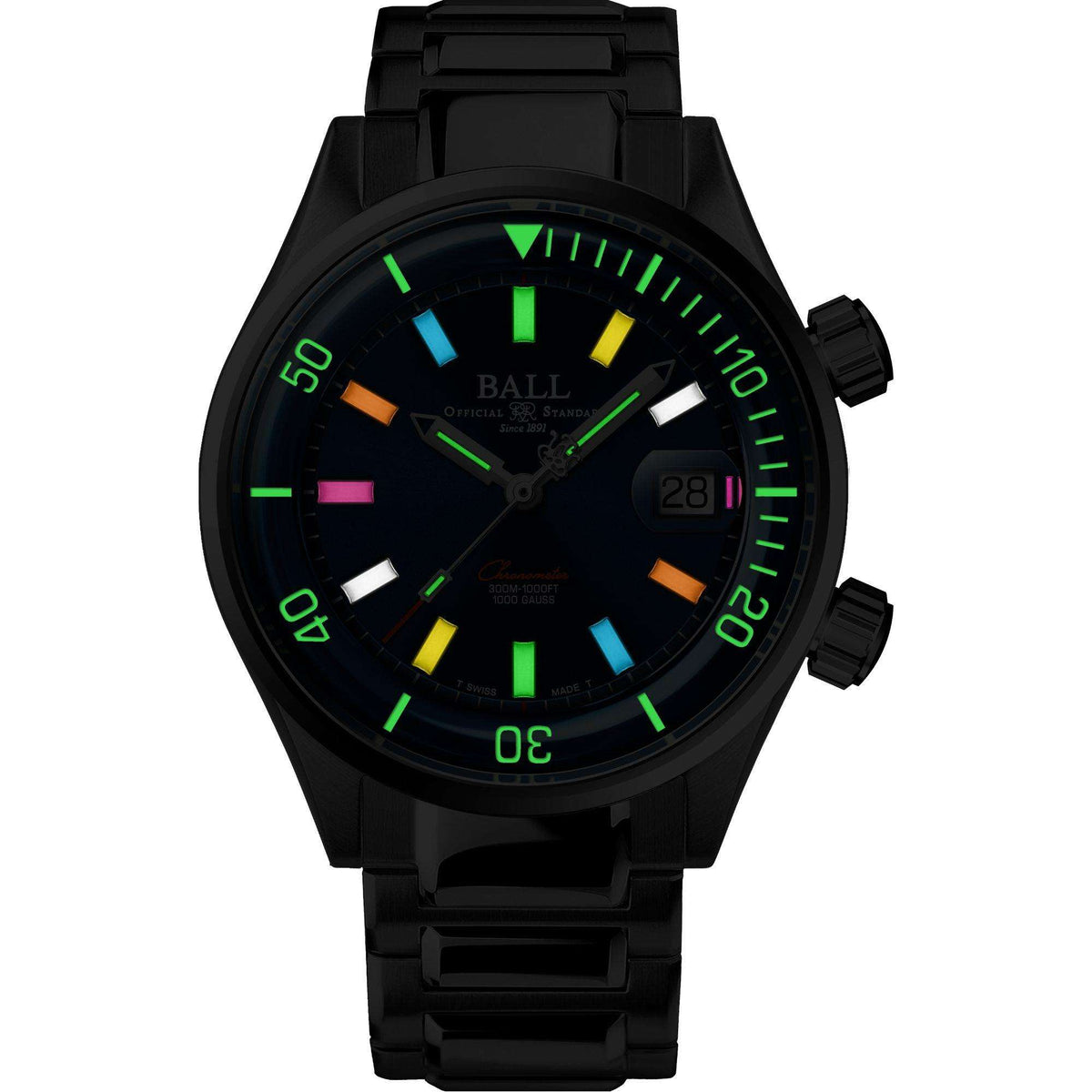 Men's diver chronometer watch with black case and neon green dial markers