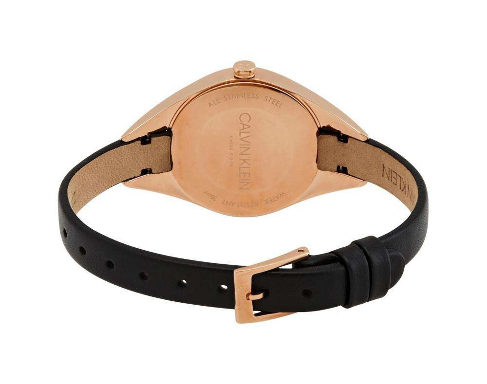 Women’s watch with black leather strap and rose-gold caseback with buckle