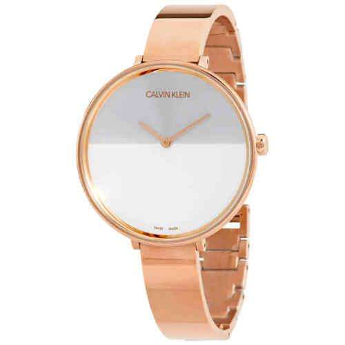 Calvin Klein quartz ladies wristwatch with white dial and bronze rose-tone bracelet