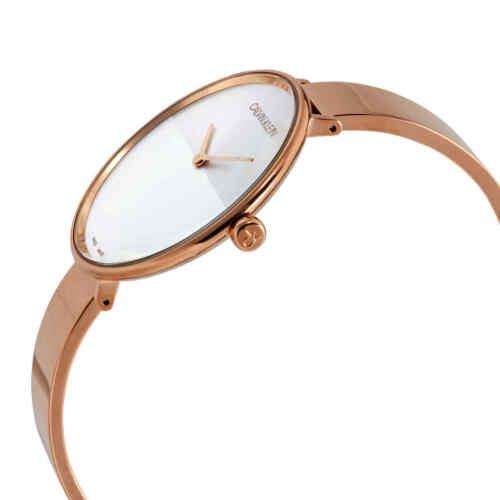 Calvin Klein quartz ladies wristwatch, white dial with gold hands, angled view