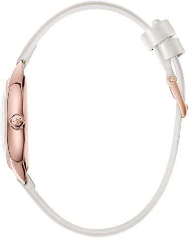 Ladies watch with white leather strap and rose-gold-toned case side detail