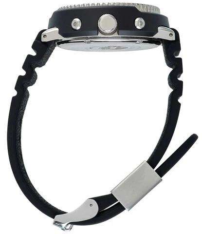 Seiko Prospex dive watch side profile with black silicone strap and metal case accents