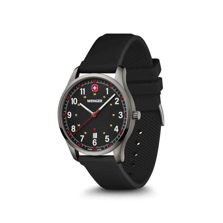 Men's black silicone wristwatch, angled view, black dial with red accents