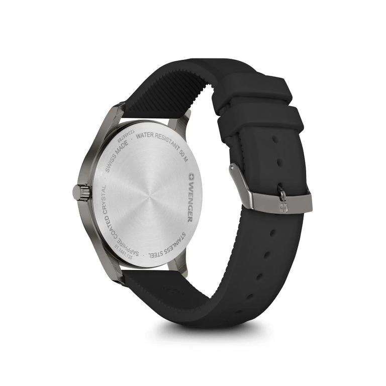 Men's black silicone wristwatch caseback view with water resistance text