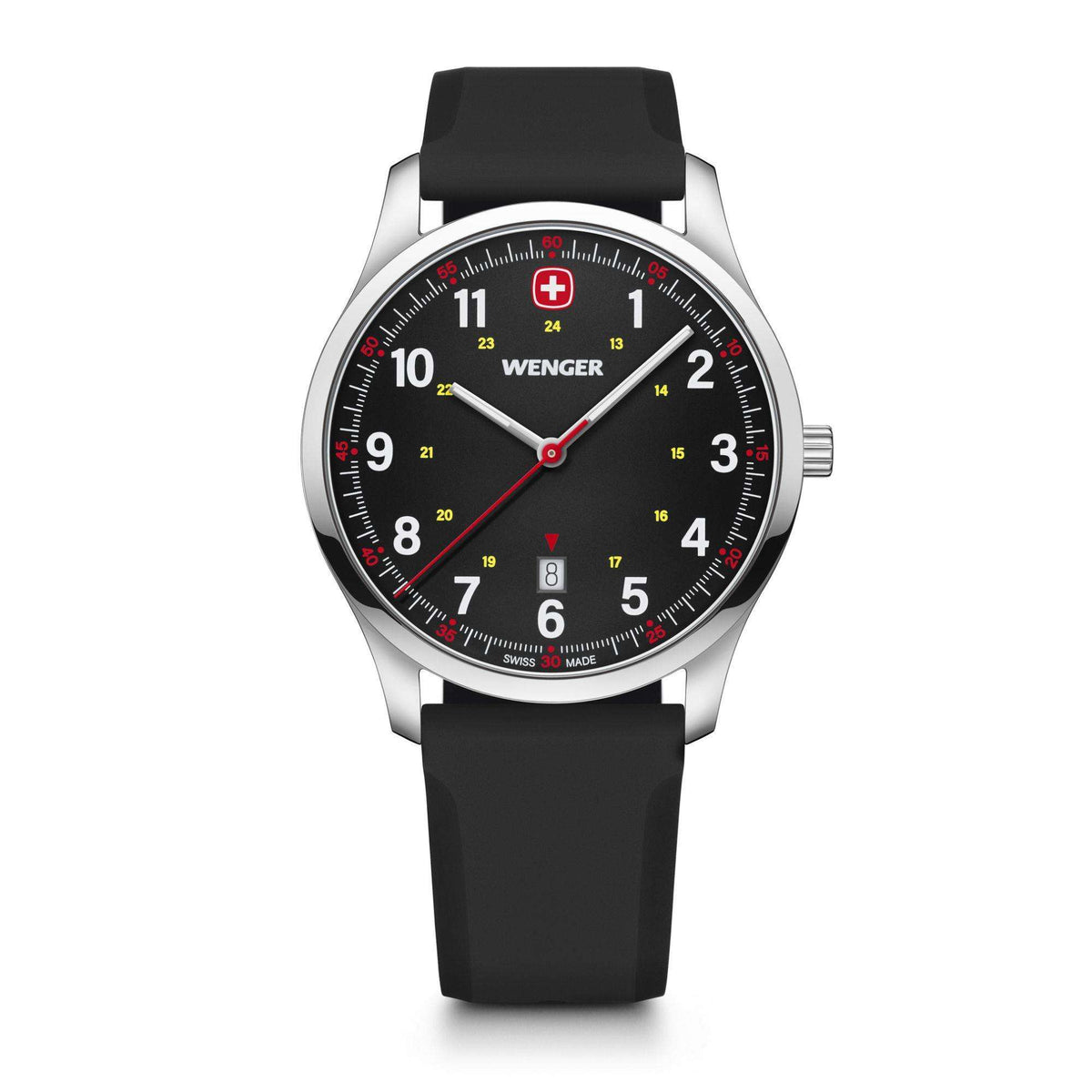 Men's analog wristwatch with black dial, silver case, and black rubber strap