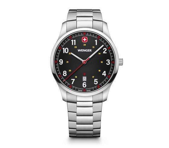 Men's stainless steel bracelet watch with black dial and red second hand