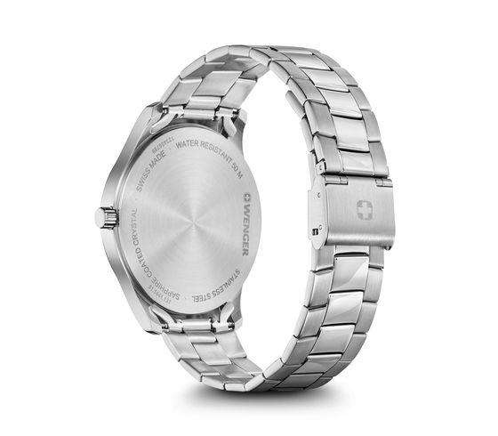 Stainless steel watch caseback with engraved text and bracelet band underside