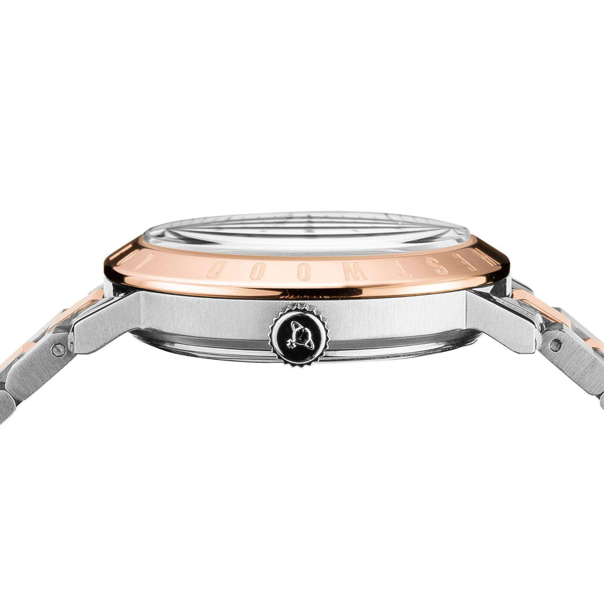 Stainless steel watch case with rose-gold bezel ring and crystal on two-tone wristwatch