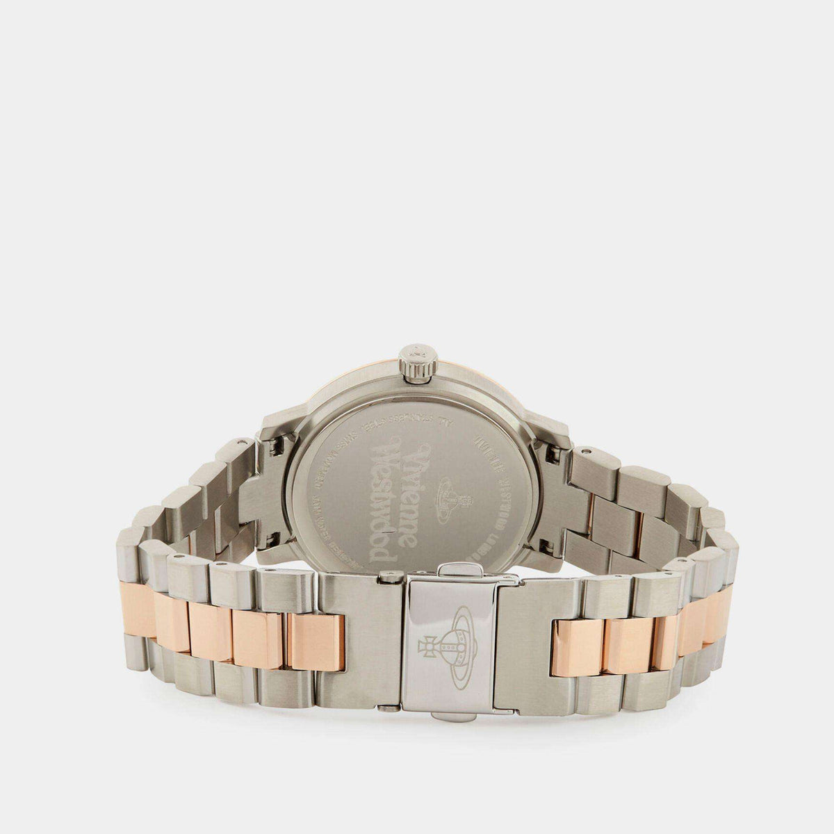 Back view of two-tone metal watch bracelet with rose-gold stripe and engraved caseback