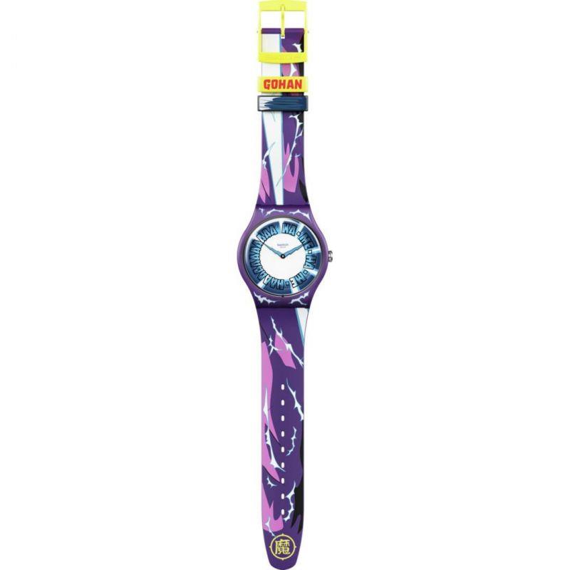 Silicone quartz watch with blue dial on purple patterned strap, full top view