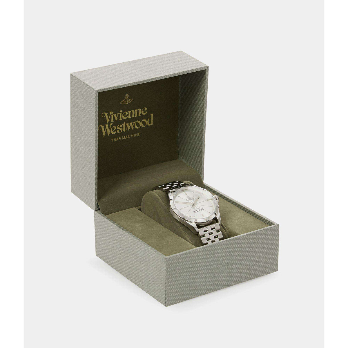 Men's stainless steel wristwatch in open gift box with green interior