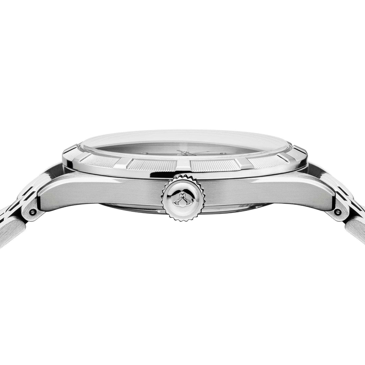 Stainless steel watch case with crown and clear glass lens, silver finish
