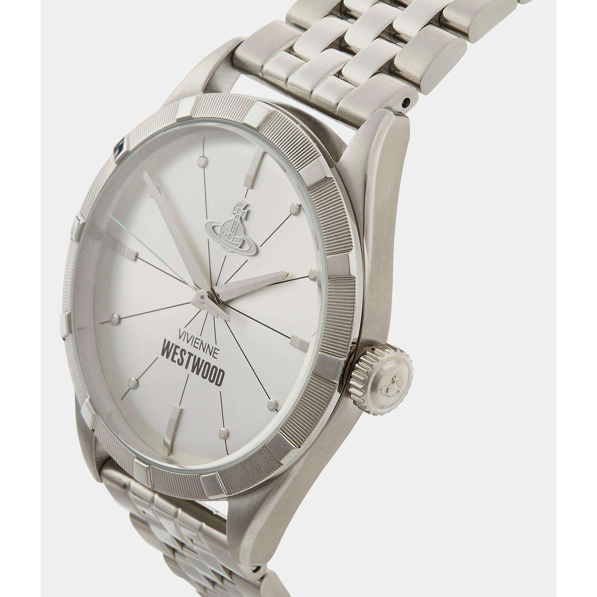 Men's silver-tone wristwatch with light dial and metal link bracelet, side view