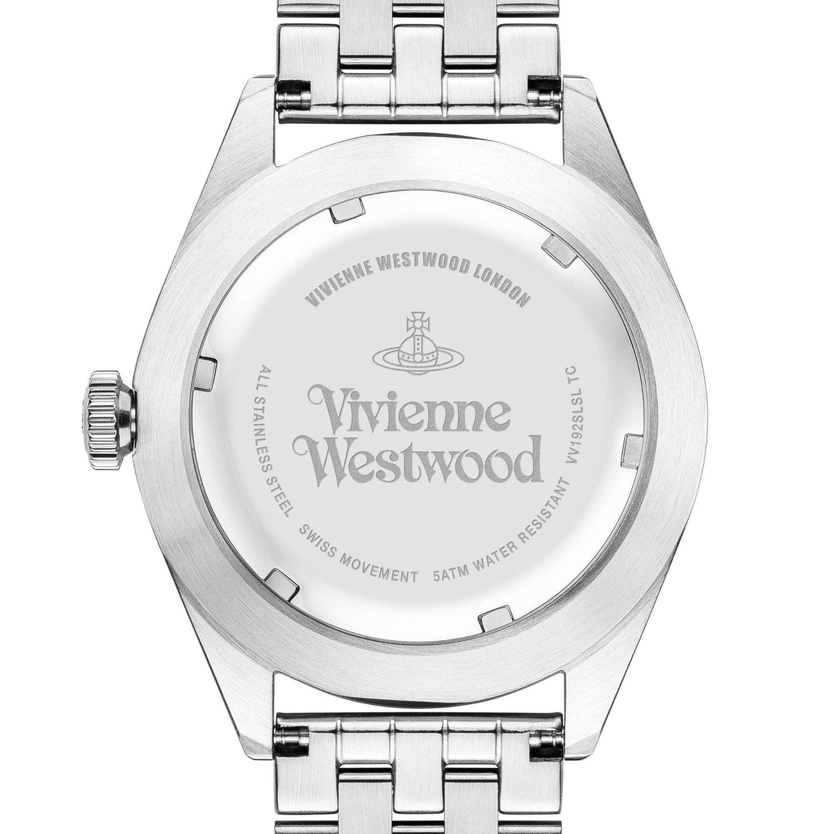 Stainless steel watch back with engraved text and metal bracelet links