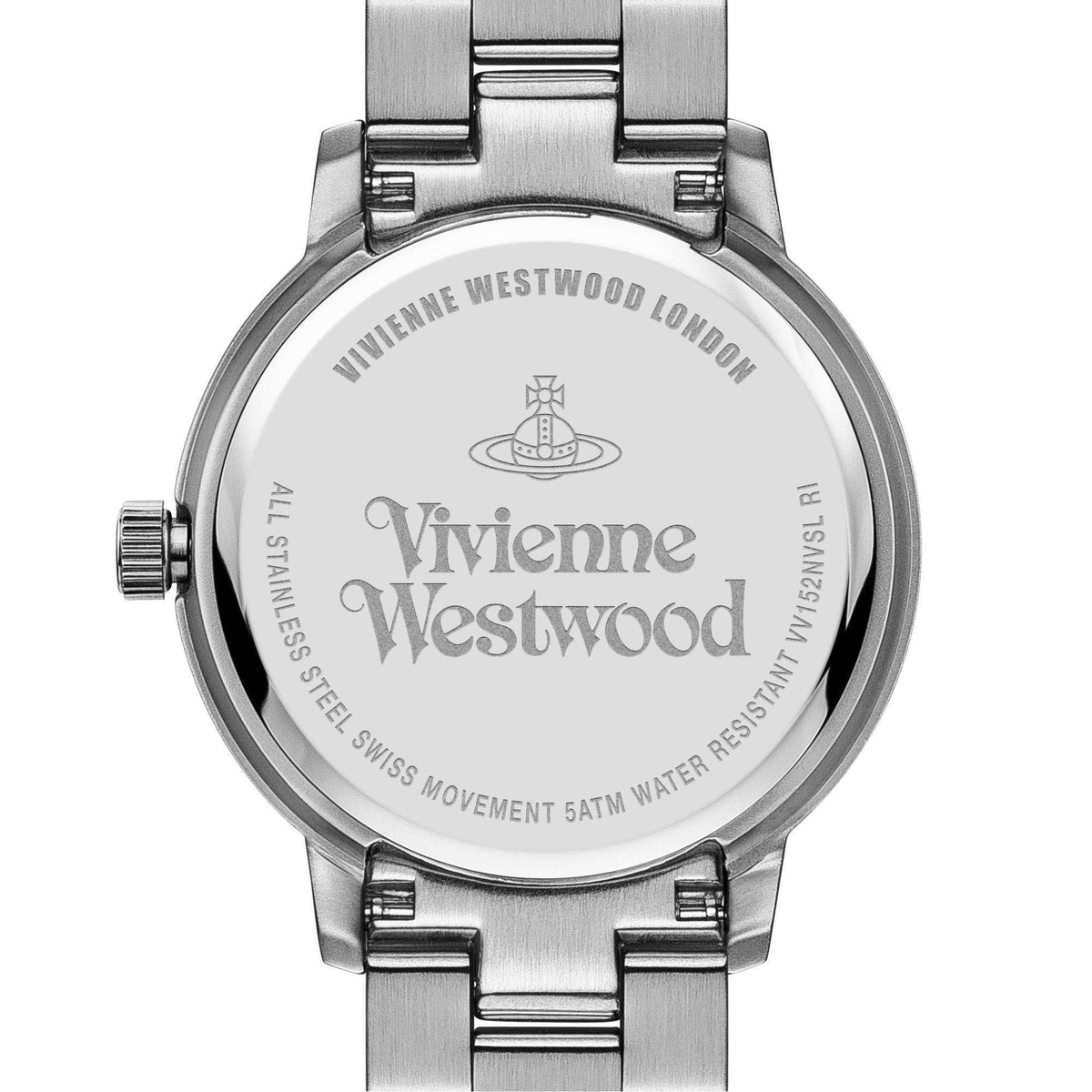 Stainless steel watch case back with Vivienne Westwood logo and water resistance text
