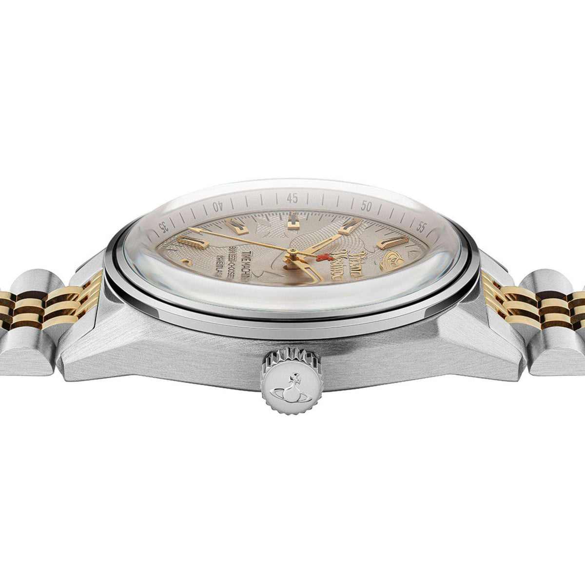 Two-tone stainless steel wristwatch with grey dial, gold accents, and round case