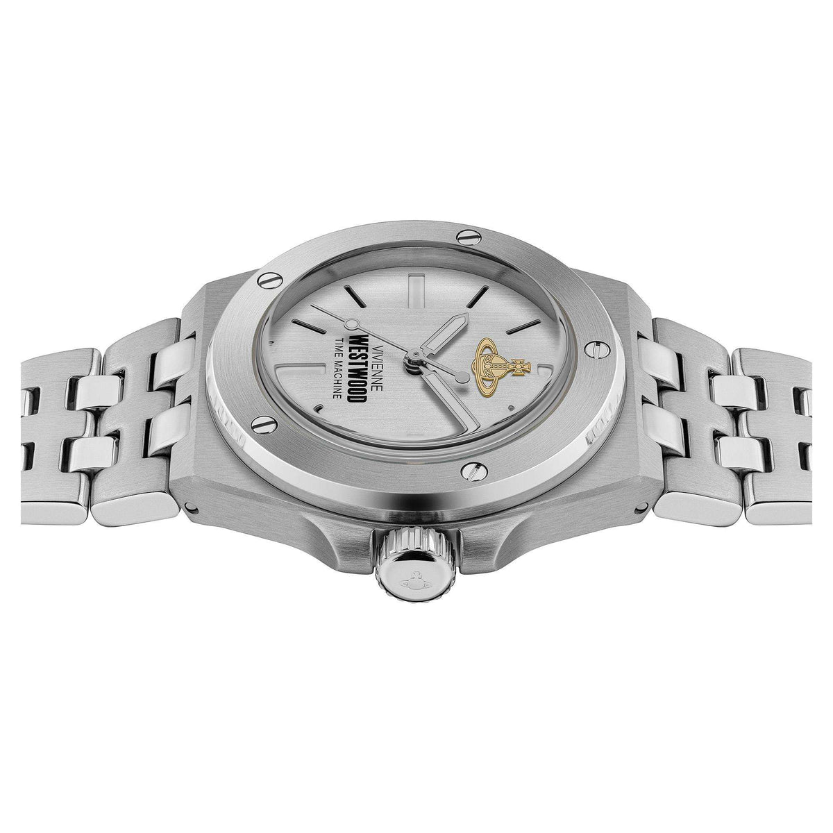 Stainless steel watch case with grey dial and linked metal bracelet, side view