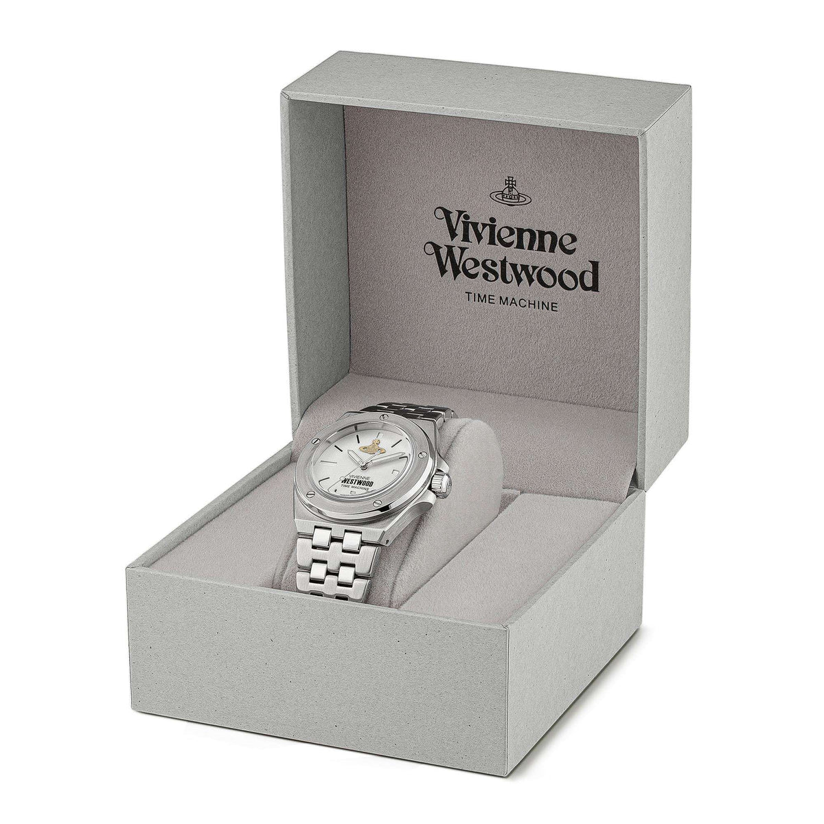 Stainless steel bracelet watch in gray gift box with Vivienne Westwood Time Machine