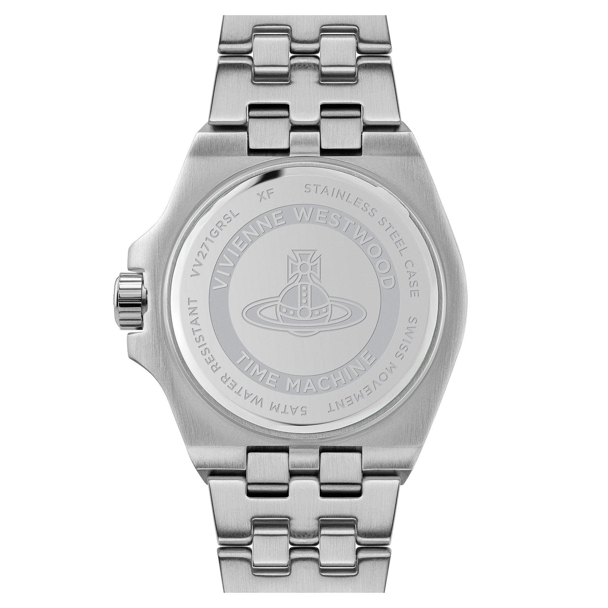 Stainless steel bracelet watch back with engraved Vivienne Westwood Time Machine emblem.