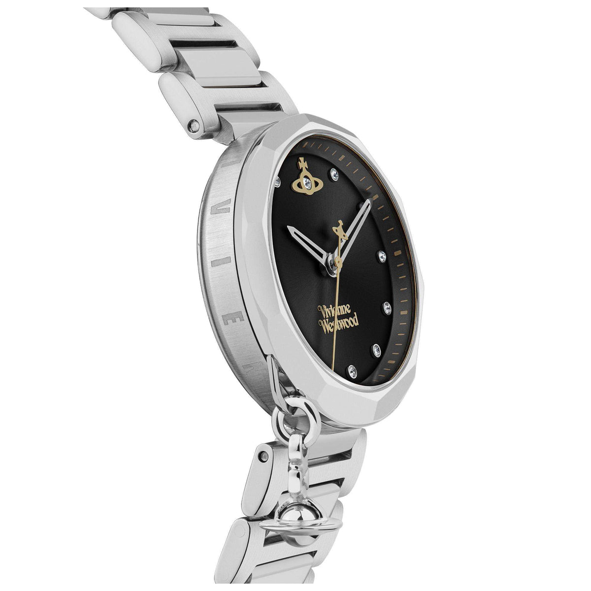 Stainless steel bracelet watch side view with black dial and crown at 3 o'clock